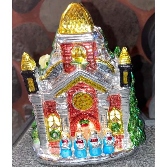 Town Other - Vintage Small Light-Up Ceramic Christmas Church Choir Metallic Shiny Brite